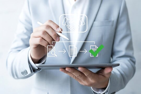 Procurement process management concept with digital and paper document approval, contract verification, supplier negotiation, and purchasing operations using laptop