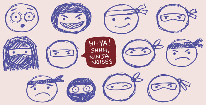 Collection of Hand-Drawn Ninja Faces with Various Expressions and a Speech Bubble Saying 'Hi-Ya! Shhh, Ninja Noises'.