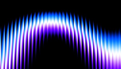 Neon ribbed fractal glass 3d lines on black background. Holographic vertical stripe pattern with vibrant purple blue white gradient. Abstract black bg, iridescent texture lines in radiant colors. 3D © kastanka