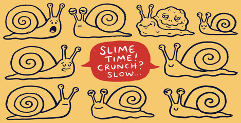 Collection of cartoon snails with different expressions and actions on a yellow background. © Riki
