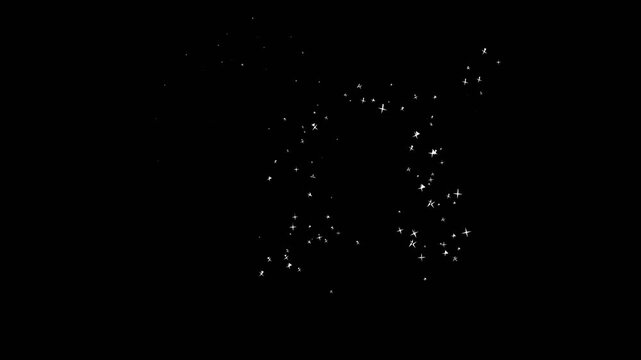Star sparkle particles twinkling and flickering in white on a black background for cinematic video overlay effect.