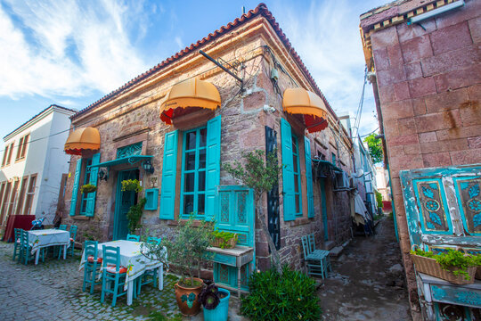 Ayvalik - Turkey, May 17, 2026, Stone houses and taverns in the back streets of Cunda Island