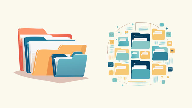 Visual concept of robust information organization, featuring a stack of classic document folders next to an intricate network of digital data management systems