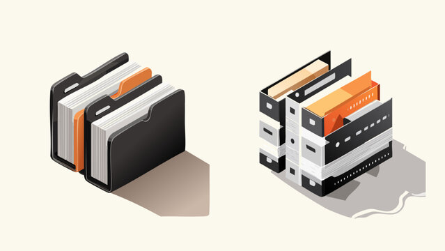 Two isometric office document folders and binders with files and papers, graphic illustration