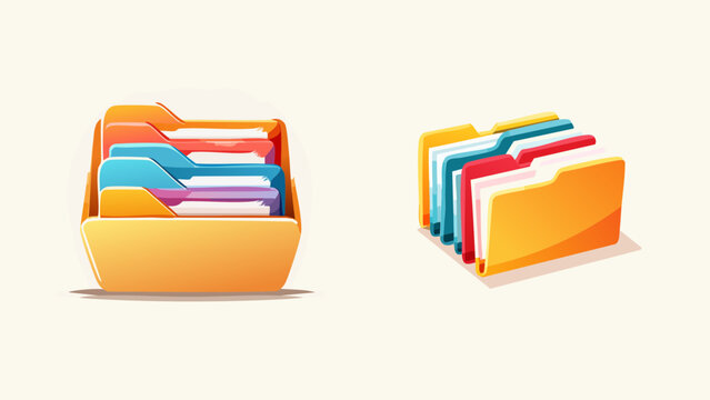 Set of stylized icons depicting open document folders with various colored files neatly organized within for digital organization and data management