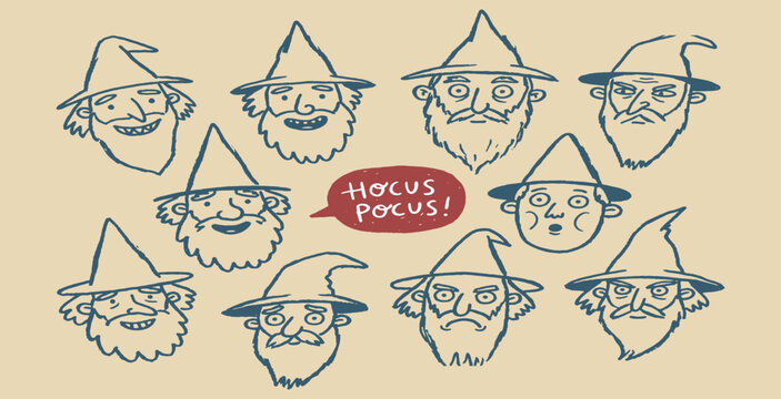 Collection of hand-drawn wizard faces with different expressions and a speech bubble saying Hocus Pocus.