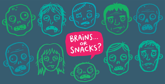 A collection of ten cartoon zombie faces with different expressions and the text "BRAINS... OR SNACKS?".