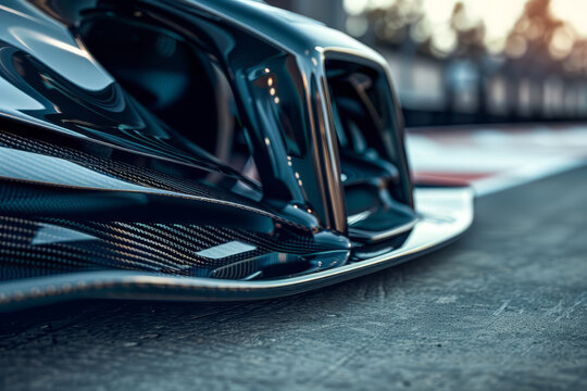 Close-up of a sleek, aerodynamic racing car's front wing and carbon fiber details