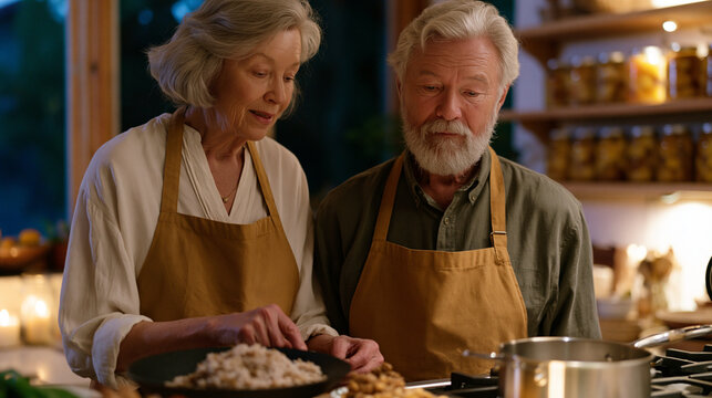 Candlelit kitchen in a Loma Linda Adventist home where an elderly couple prepares their evening meal of whole grains, walnuts, and legumes from a blue zones longevity diet recipe card, quiet domesti
