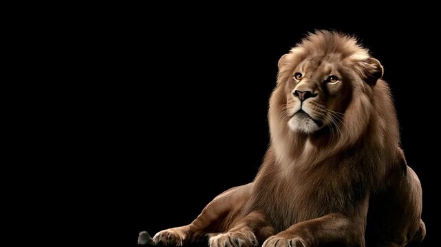 Majestic male lion playfully on a black screen background showcasing its thick mane and powerful physique with dynamic lighting. African lying sitting on dark background