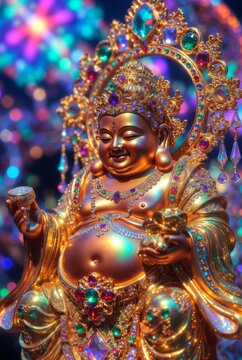 Opulenta scultura dorata del Buddha ridente con corona e aureola di gioielli su sfondo bokeh arcobaleno vibrante