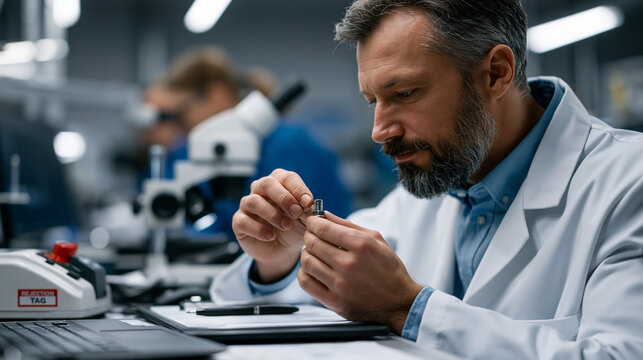Visual inspection operator holding an aircraft fastener up to a fiber optic light panel, examining the thread profile for surface defects, a rejection tag dispenser and digital microscope positioned