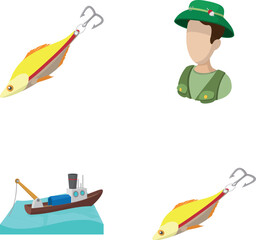 Naklejka premium Items representing fishing hobby like a boat, two lures, and a fisherman avatar