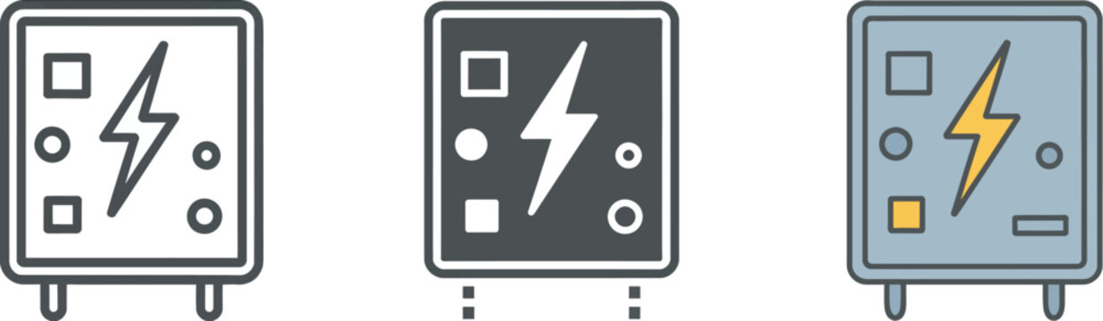 Electrical panel icon power distribution graphics circuit breaker box symbols industrial energy control concept vector illustration for electrical engineering and utility management design.