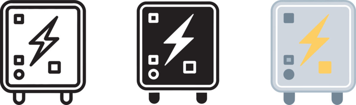 Electrical panel icon power distribution graphics circuit breaker box symbols industrial energy control concept isolated vector collection representing voltage regulation, power systems and industrial