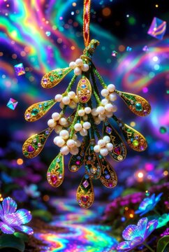 Ramo di vischio magico ingioiellato con perle e gemme su sfondo fantasy neon