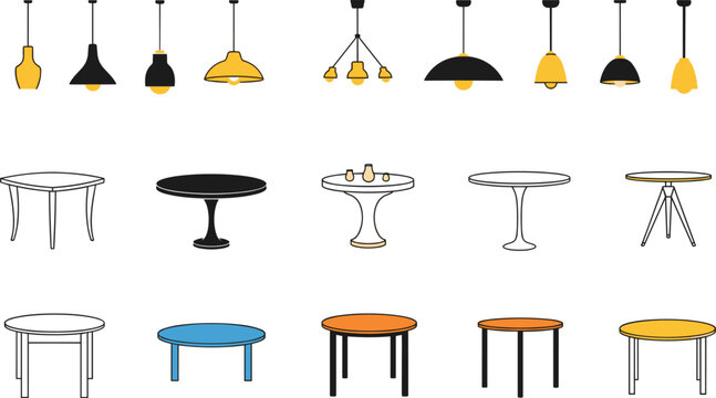 Modern furniture icon set with hanging pendant ceiling lamps and various round coffee dining side tables vector