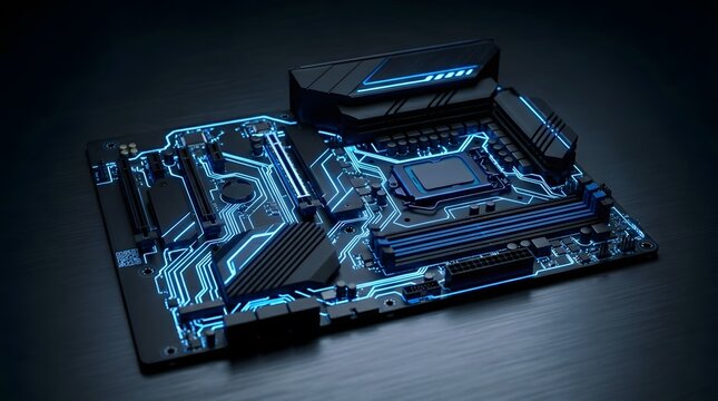 Close-up of a computer motherboard with blue circuitry on a dark background