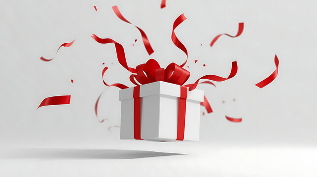 White gift box with red ribbon and bow exploding with red confetti and streamers on a clean white background symbolizing celebration surprise special occasions confetti streamer celebration