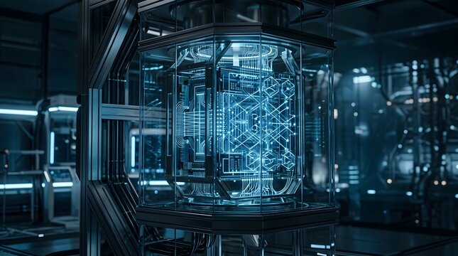 Scientists examine a large quantum computer in a futuristic laboratory setting.