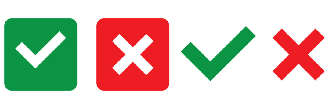 Sharp green checkmark and red cross on isolated white background vector symbol for right and wrong choices. Modern flat design, Checkmark icon set. Checkmark right symbol tick sign