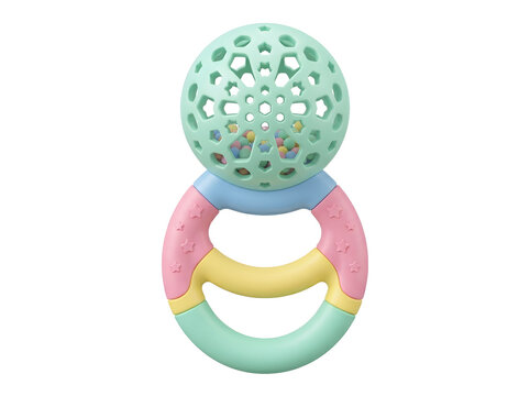 Colorful baby teether toy with textured surface and soft rings isolated on a transparent background