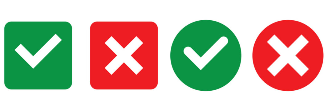 Sharp green checkmark and red cross on isolated white background vector symbol for right and wrong choices. Modern flat design, Checkmark icon set. Checkmark right symbol tick sign