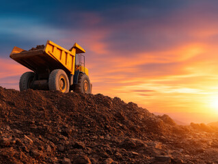 Obraz premium Dump truck mining construction earthmoving quarry heavy equipment sunset green hydrogen economy concept with dramatic sky over rocky terrain