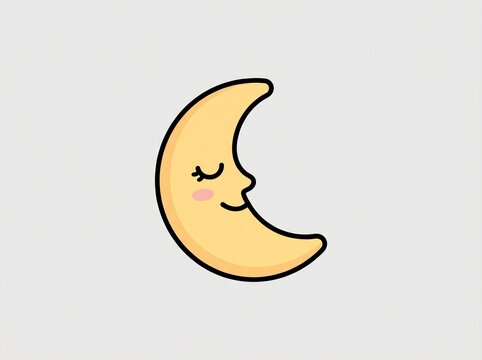 This image features a cute, smiling crescent moon with a sleeping face illustration