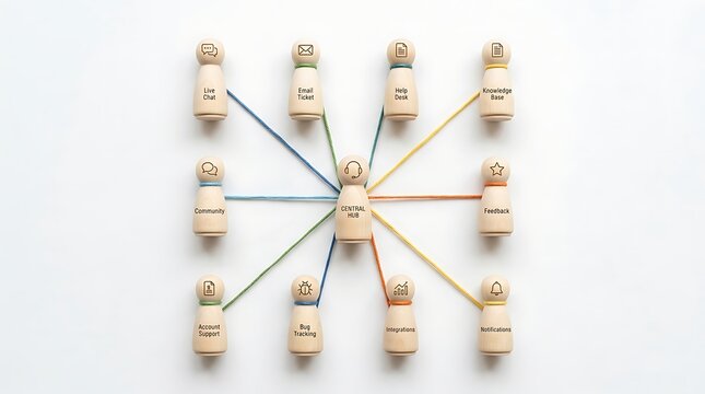 Omnichannel Customer Support Network Concept with Wooden Figures Connected to Central Hub via Colorful Strings