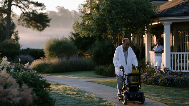 Early morning mist rising over a assisted living facility courtyard where an elderly Filipino man uses a motorized walker equipped with a proximity fall risk sensor while a care aide monitors his pa
