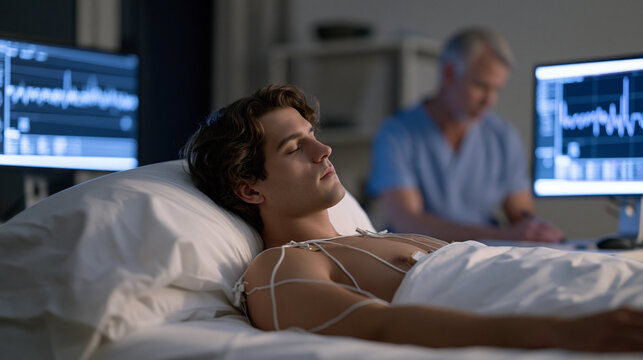 Minimalist studio sleep lab scene with a thin young male research subject lying still on a white bed covered in sleep health monitoring electrodes, a researcher in scrubs reviewing waveform data on 