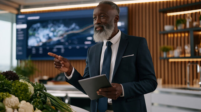 Organic certification tracking data specialist presenting blockchain traceability pilot to grocery retail procurement team inside supermarket headquarters boardroom, supply chain audit trail dashboa
