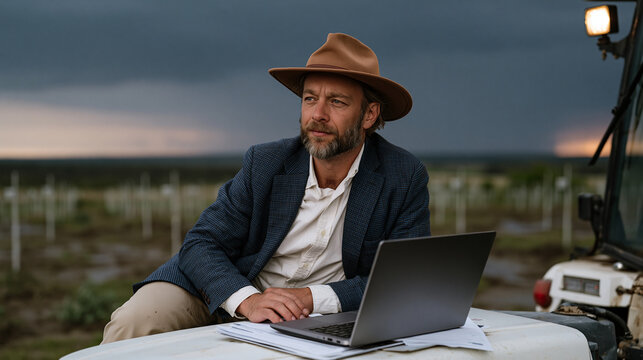Yield prediction machine learning engineer debugging Python script on laptop balanced on tractor hood in open field, thunderstorm building on western horizon, field trial sensor stakes arrayed in pr
