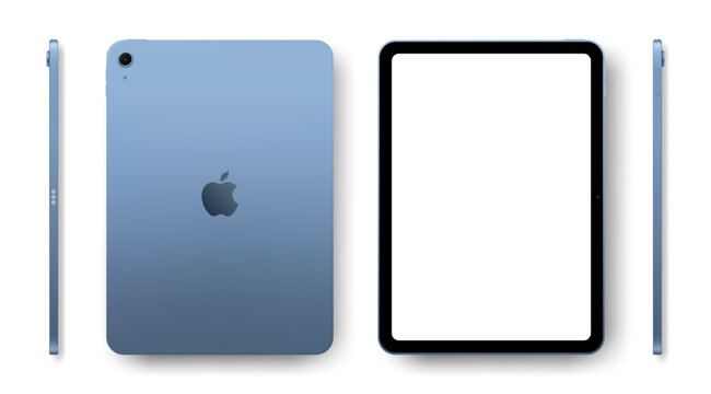 Photorealistic detailed Apple iPad A16 11 inches 2025 Blue mockup. Real dimentions. Front, rear and side views isolated on white background with shadows. Vector editorial illustration
