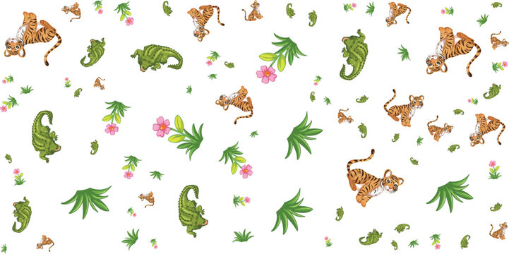 Tiger crocodile and floral pattern on a white background