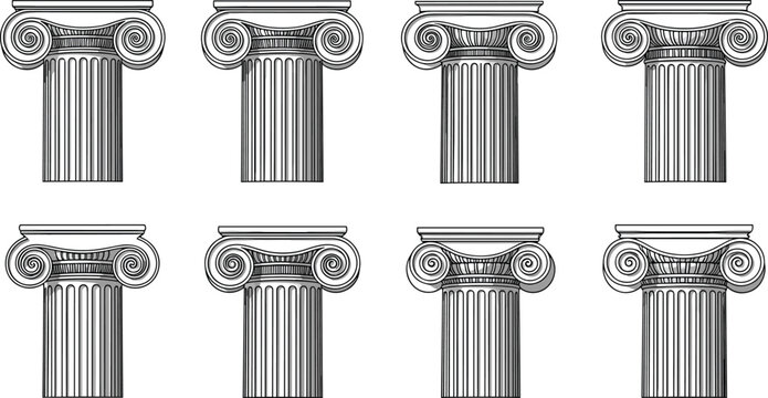 Ancient Greek Ionic Column Capital Vector Set Featuring Classical Roman Architecture Pillars and Engraved Pedestals