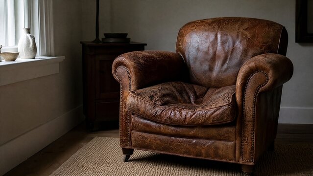indented. Aged brown leather armchair with a deep seat indentation, soft window light. lifestyle magazines, social media lookbooks, designed for influencer and brand collaborations.