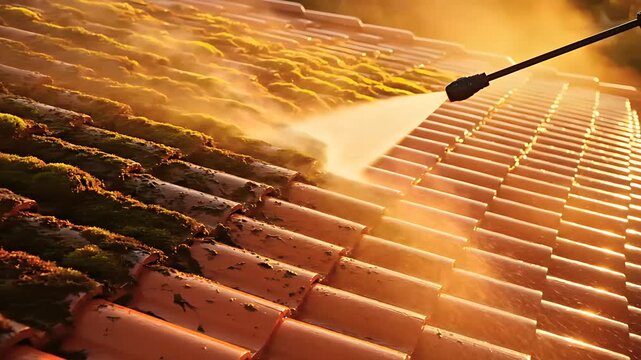 Pressure washer cleaning moss from a clay tile roof at sunset. High pressure water stream removes grime from shingles. Professional roof cleaning service concept for property maintenance.