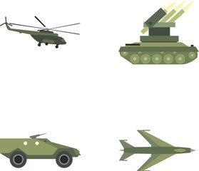 Fototapeta premium Military vehicles, helicopter, armored personal carrier, and fighter jet flat design