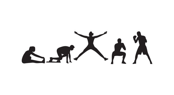 Athletic silhouettes of people performing various sports and exercises including stretching jumping squatting and boxing.