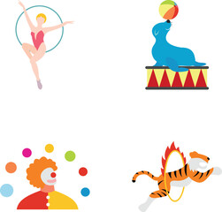Fototapeta premium Circus performs various acts including acrobat, seal, clown, and tiger