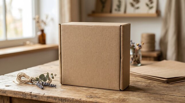 A blank brown kraft paper mailer box template on a rustic timber desktop with lavender sprigs and twine accents.