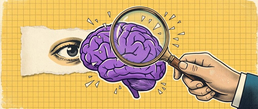 Exploration of human mind concept with brain and magnifying glass vintage design