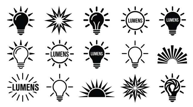 Collection of black light bulb icons and sunshine symbols for creative digital and print projects