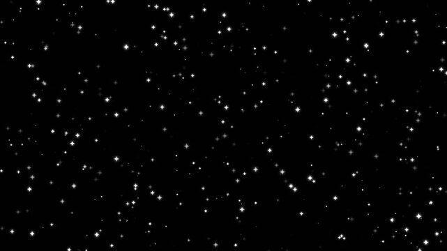 White shimmering stars and flickering dust particles twinkling with random intensity on a black background for magical video overlay.