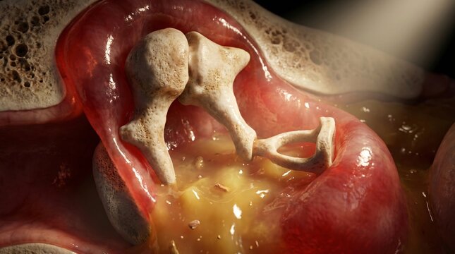 Close up of inflamed middle ear bones and fluid buildup illustrating otitis media infection
