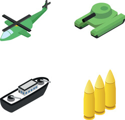 Fototapeta premium Isometric icons representing military combat weapons and vehicles for army operations