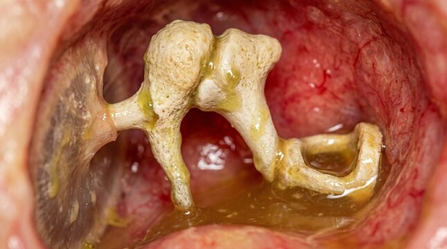 Extreme close up macro view of dental calculus and gingival inflammation with pus