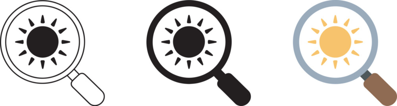Magnifying glass sun icons search brightness light inspection weather analysis zoom discovery exploration nature vector illustration collection isolated background for scientific observation 